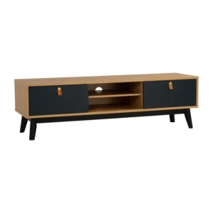 Castor 1.5m Tv Cabinet | Natural Ash Veneer Body, Space Blue Colour Drawer With Black Colour Leg