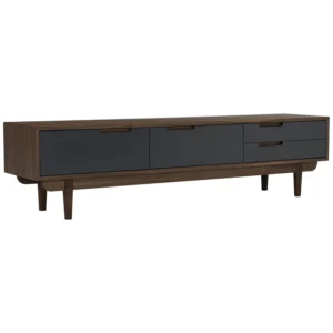 Nakula Tv Cabinet | Walnut Veneer Body, Gunmetal Grey Colour Door, With Cocoa Colour Leg