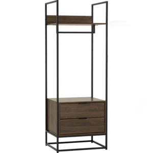 Capri Open Shelf Wardrobe | 2 Drawer In Matt Black Epoxy Colour Leg, Walnut Colour Shelf